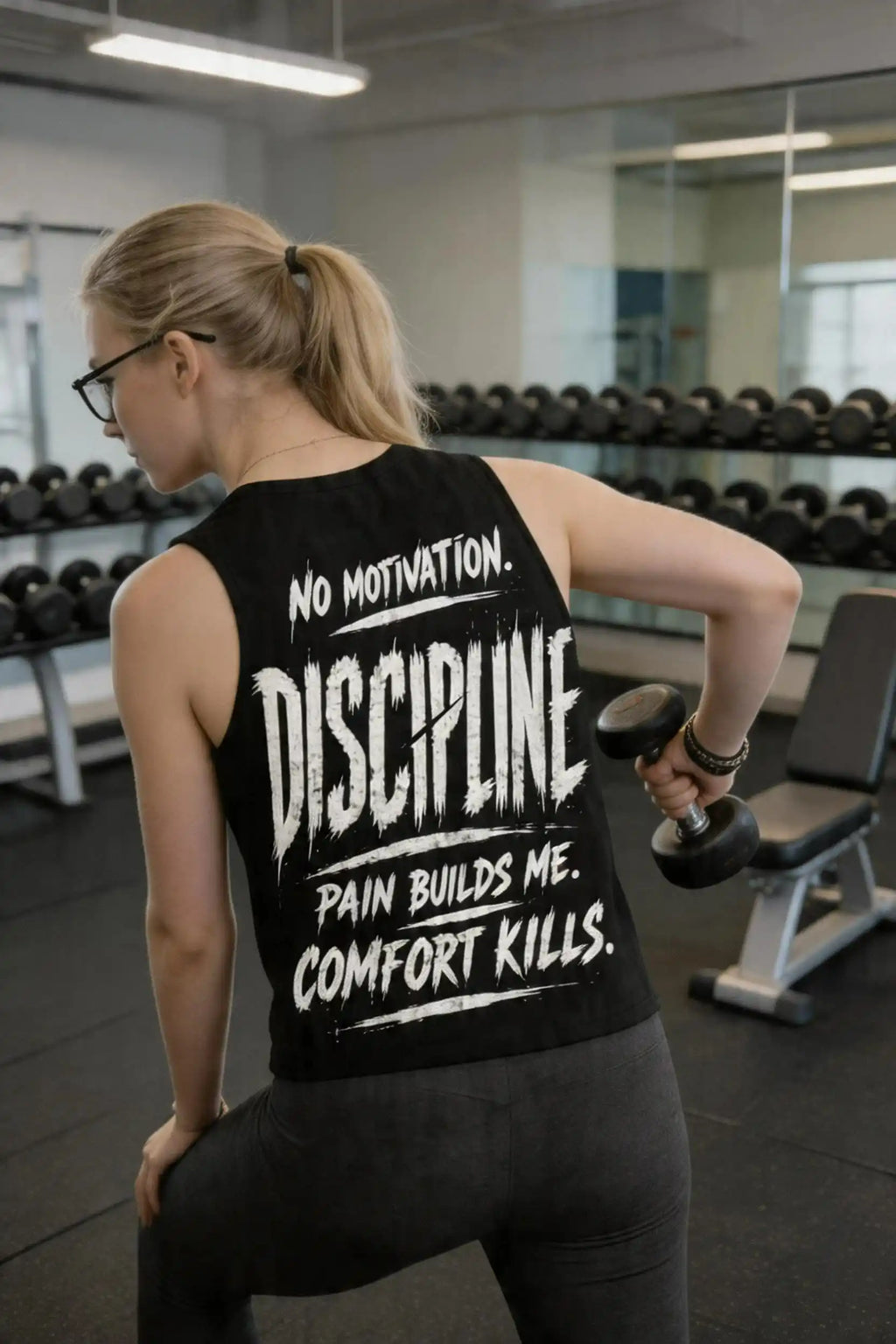 FEMME FESAN DU GYM AVEC LE TANK TOP NO MOTIVATION. DISCIPLINE PAIN BUILDS ME. COMFORT KILLS. DE ASCENT EST.2026