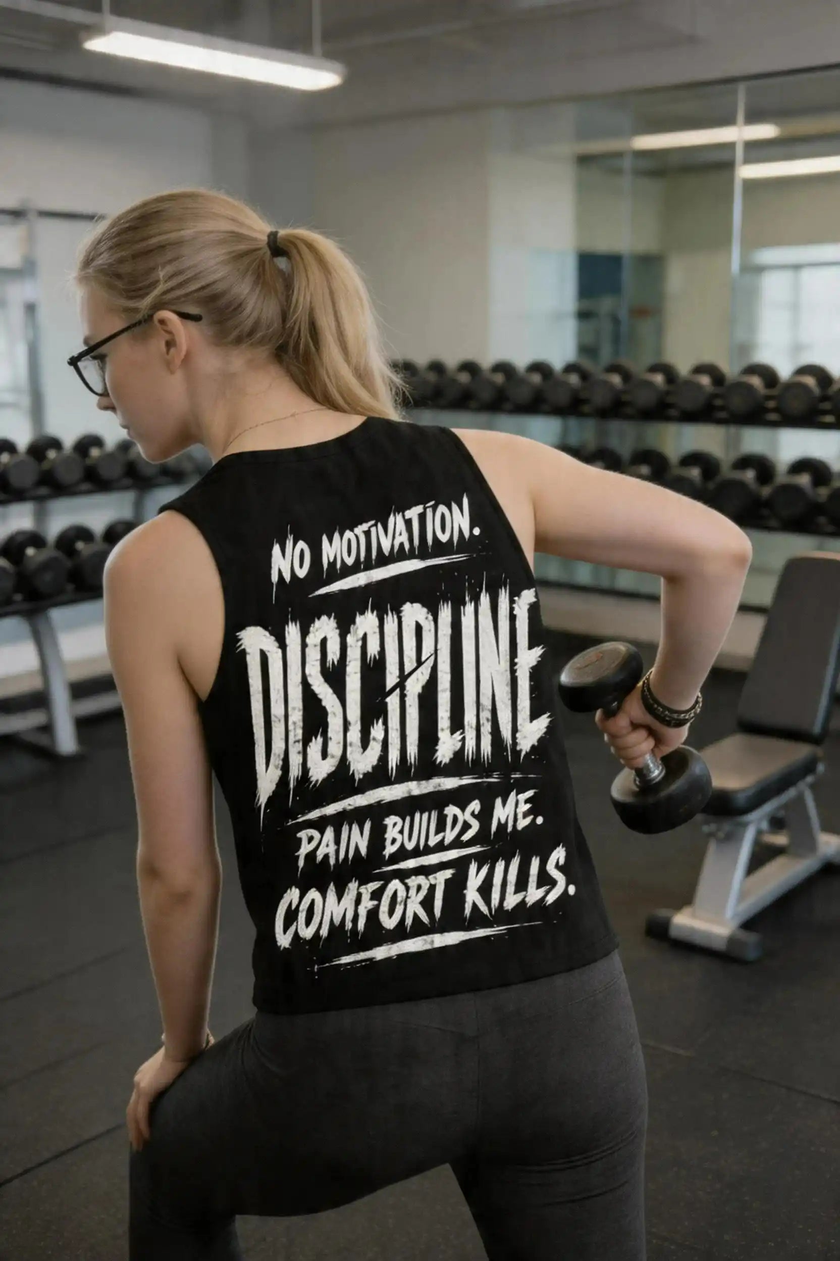 FEMME FESAN DU GYM AVEC LE TANK TOP NO MOTIVATION. DISCIPLINE PAIN BUILDS ME. COMFORT KILLS. DE ASCENT EST.2026