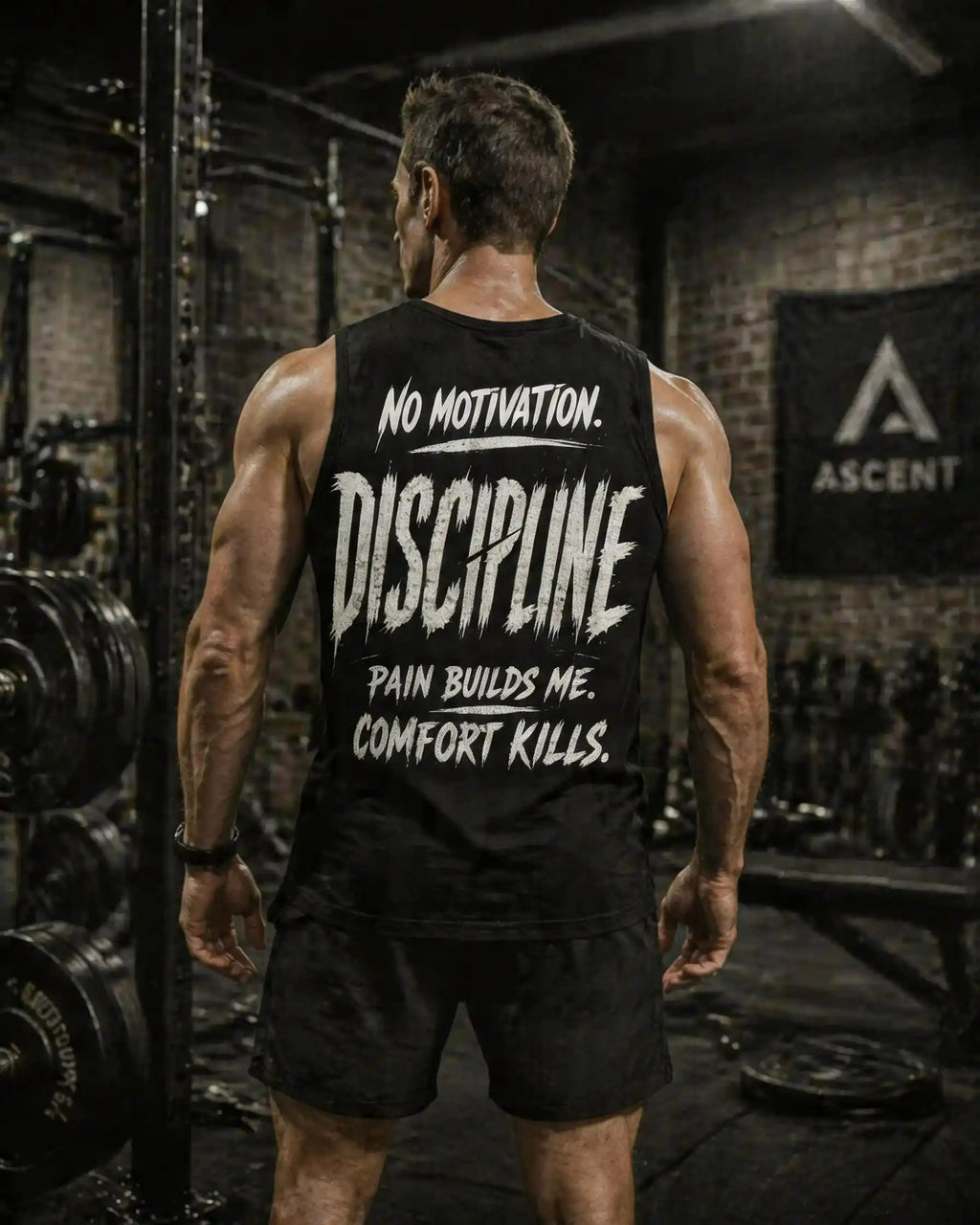 HOMME DANS UN CENTRE DE GYM  AVEC LE TANK TOP NO MOTIVATION. DISCIPLINE PAIN BUILDS ME. COMFORT KILLS. DE ASCENT EST.2026