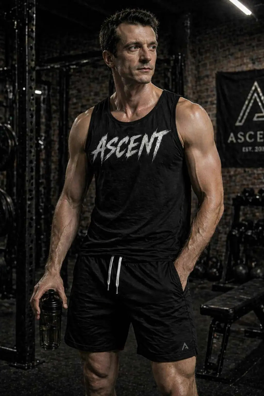 HOMME DANS UN CENTRE DE GYM DE FACE  AVEC LE TANK TOP NO MOTIVATION. DISCIPLINE PAIN BUILDS ME. COMFORT KILLS. DE ASCENT EST.2026