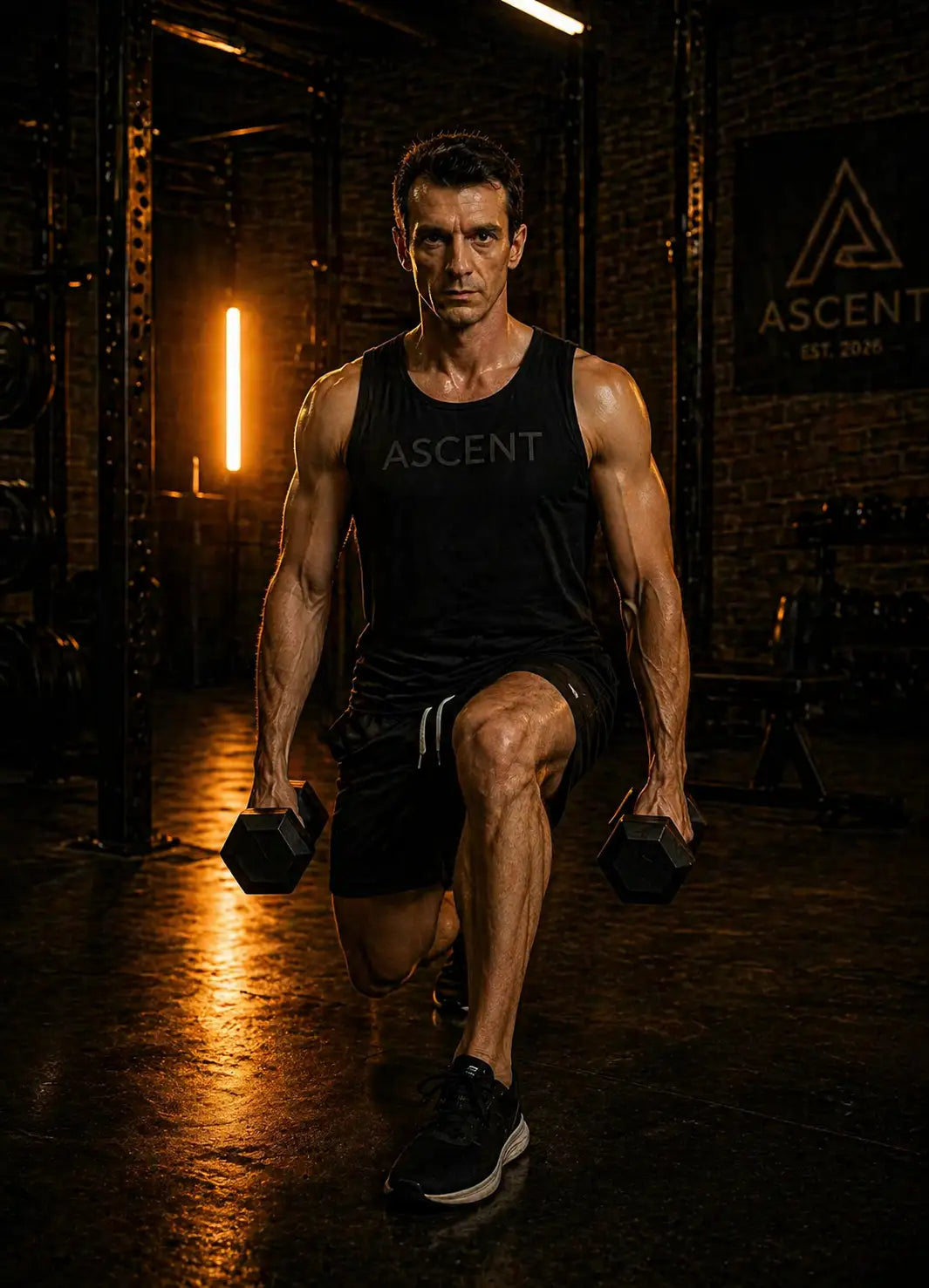 Homme effectuant un squat avec barre dans un gym industriel, portant le débardeur ASCENT — Training et un débardeur noir.