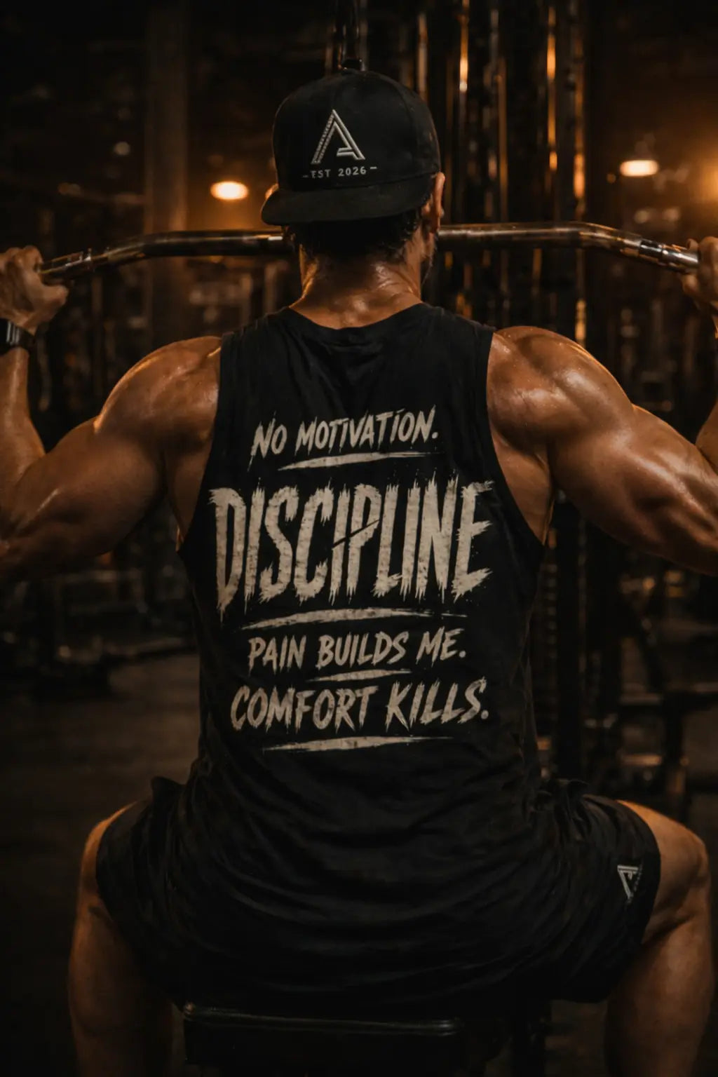 HOMME FESAN DE LA MUSCULATURE AVEC LE TANK TOP NO MOTIVATION. DISCIPLINE PAIN BUILDS ME. COMFORT KILLS. DE ASCENT EST.2026