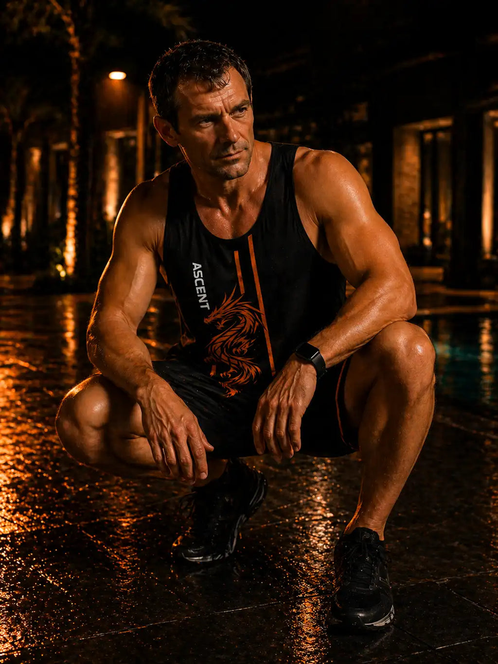 HOMME PORTANT LE Tank Top Dragon Fire - ASCENT EST.2026 SUR LE BORD DUNE PISCINE accroupie