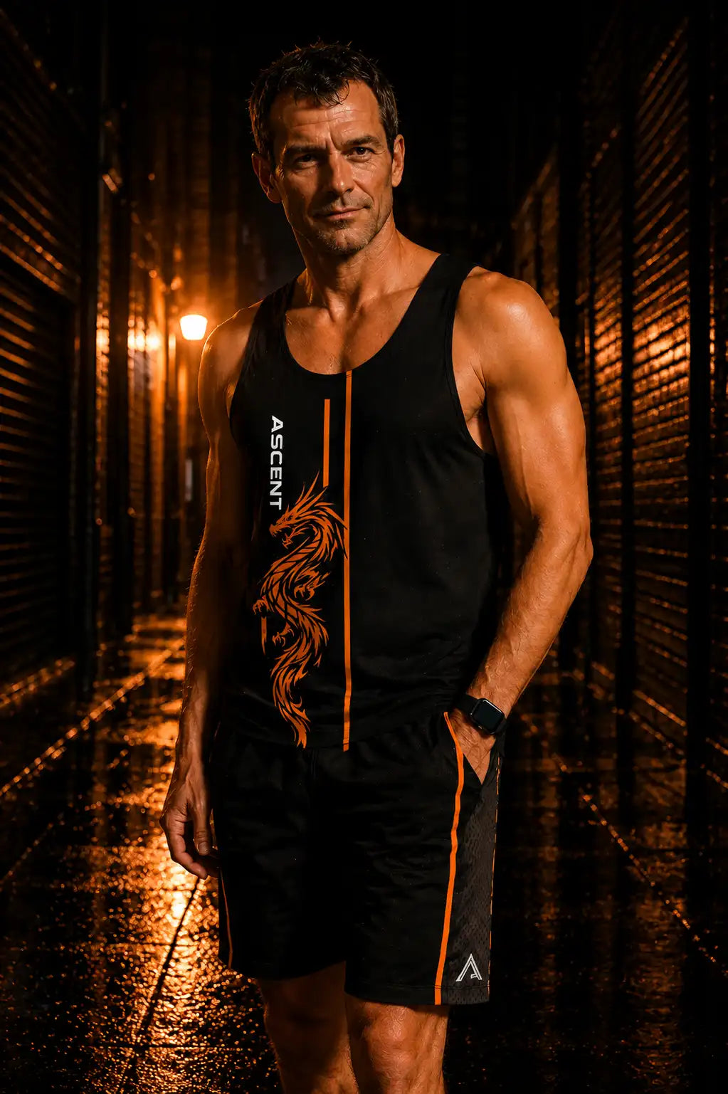 HOMME PORTANT LE Tank Top Dragon Fire - ASCENT EST.2026 dans une ruelle sombre la nuit