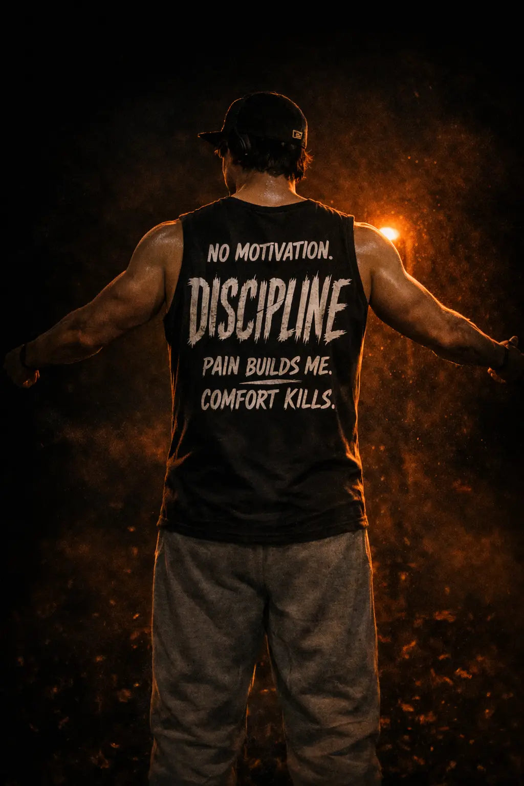 HOMME dehors AVEC LE TANK TOP NO MOTIVATION. DISCIPLINE PAIN BUILDS ME. COMFORT KILLS. DE ASCENT EST.2026