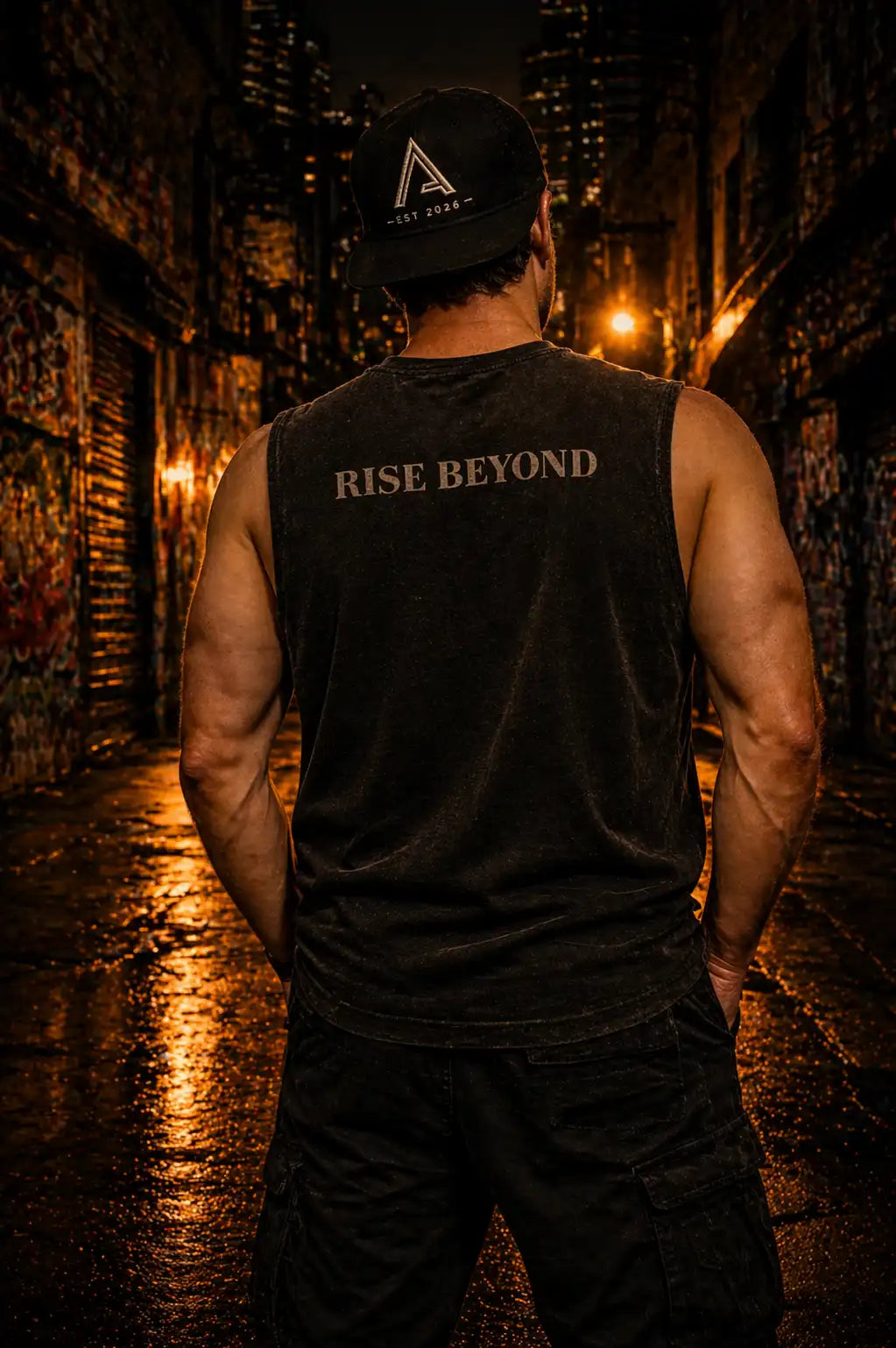 Homme dans une ruel de dos avec un tank top COULEUR faded black ASCENT EST.2026 INSCRIT RISE BEYOND DANS LE DOS 