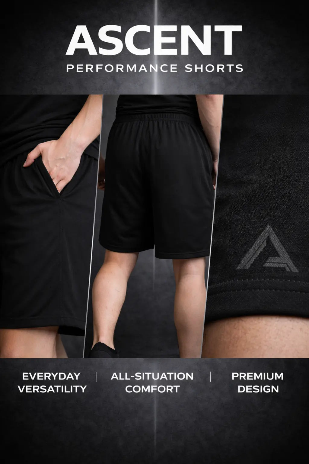 Short noir ASCENT Training ton‑sur‑ton avec cordon ajustable et poche arrière discrète, style minimaliste et sportif.medium