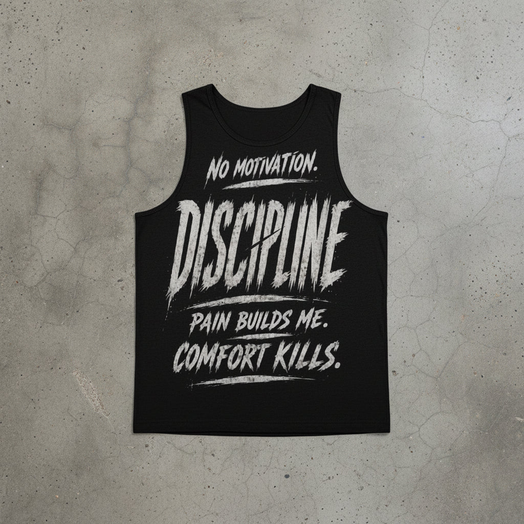TANK TOP NO MOTIVATION. DISCIPLINE PAIN BUILDS ME. COMFORT KILLS. DE ASCENT EST.2026 de dos
