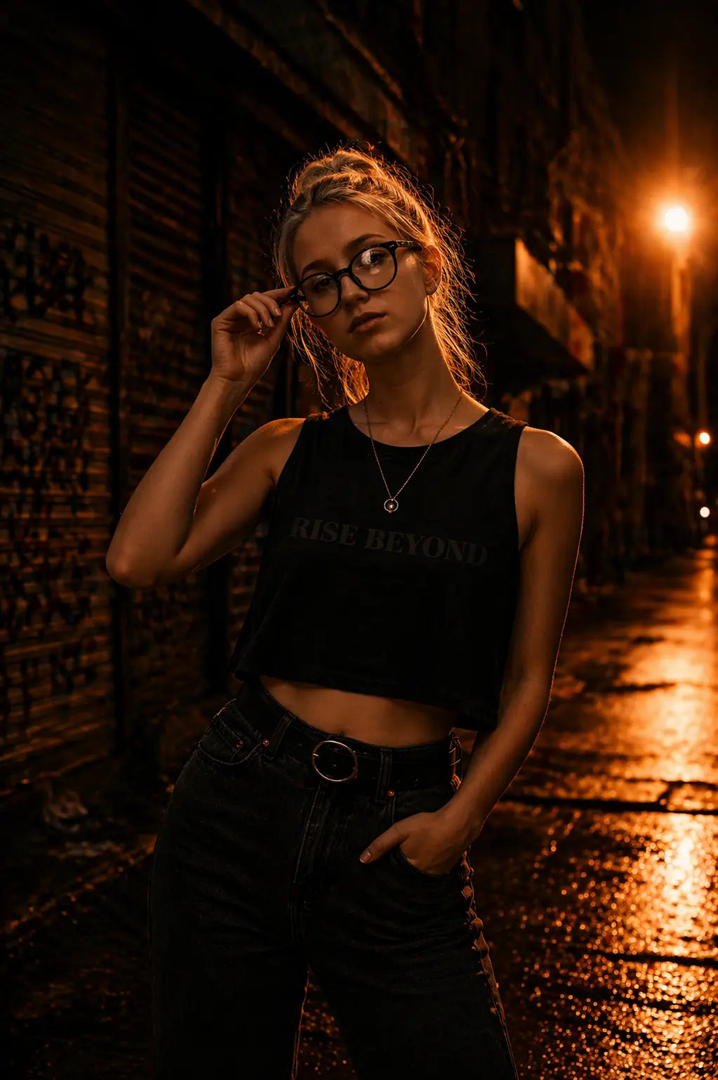 femme dans une rue avec crop top ASCENT EST.2026 inscrit rise beyond 