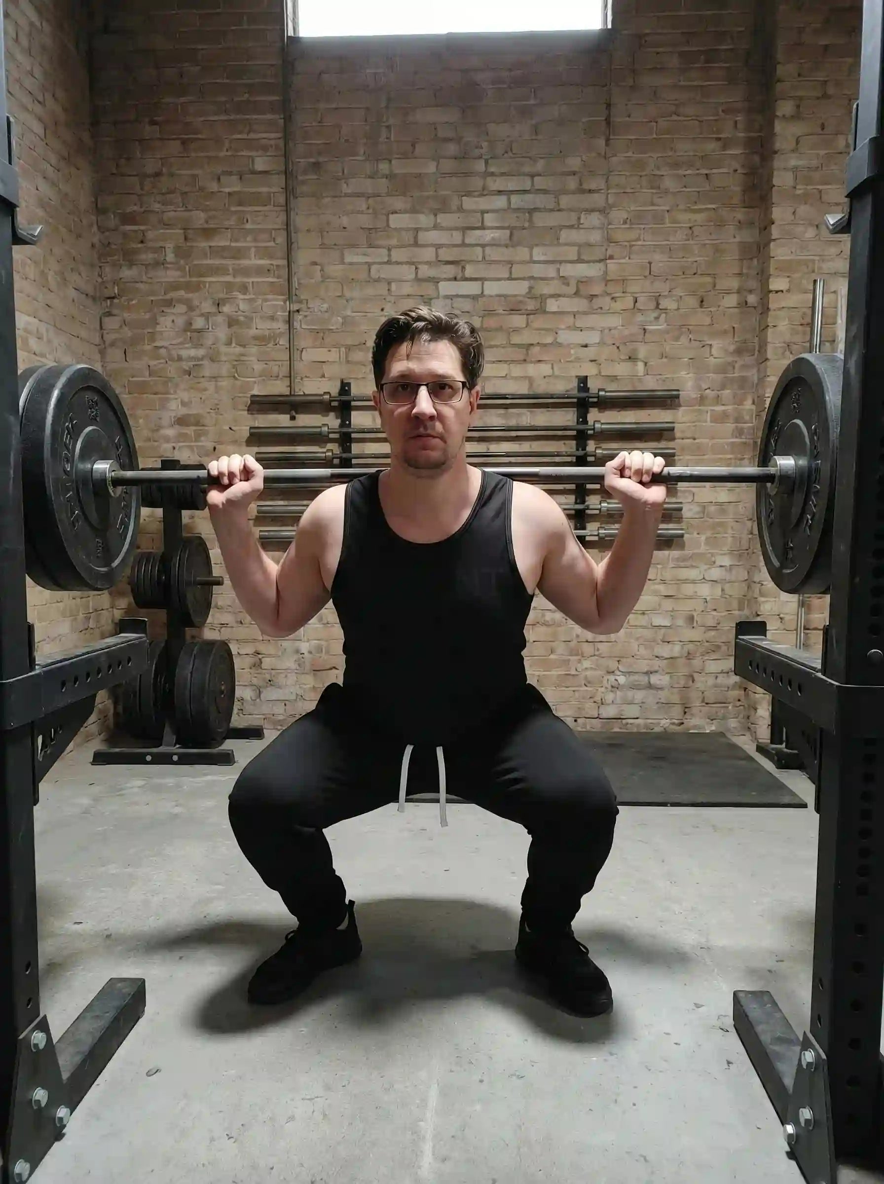 Homme réalisant un lunge avec haltères dans un gym industriel, portant le debardeur ASCENT — Training.