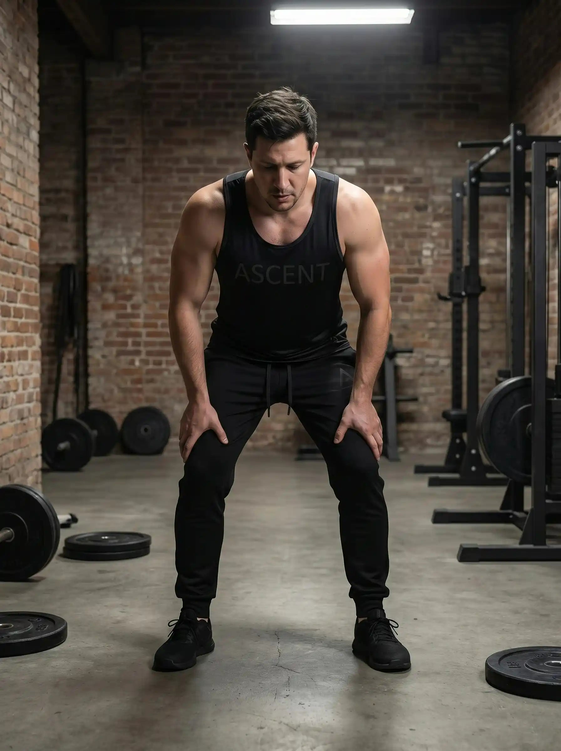 Homme penché mains sur les cuisses entre deux séries, portant le debardeur ASCENT — Training.