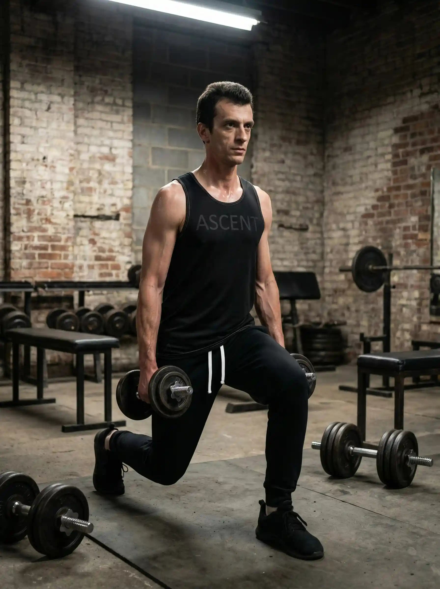 Homme effectuant un squat avec barre dans un gym industriel, portant le débardeur ASCENT — Training et un débardeur noir.