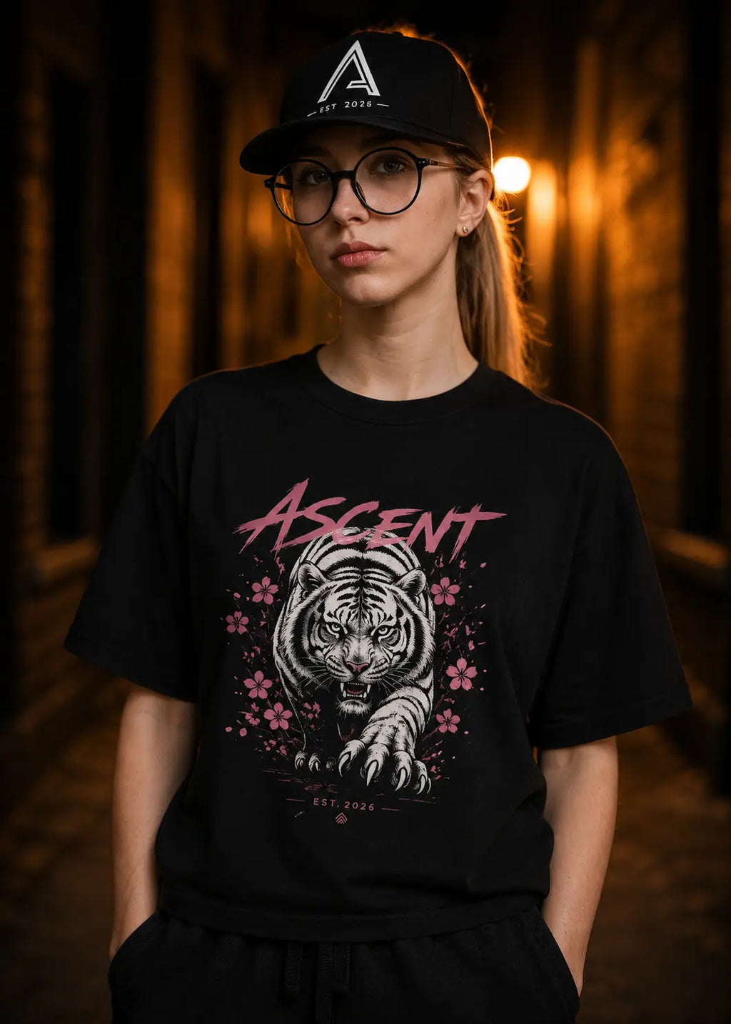 femme portant le boxy tee ASCENT — Tiger Sakura · Force Silencieuse de face