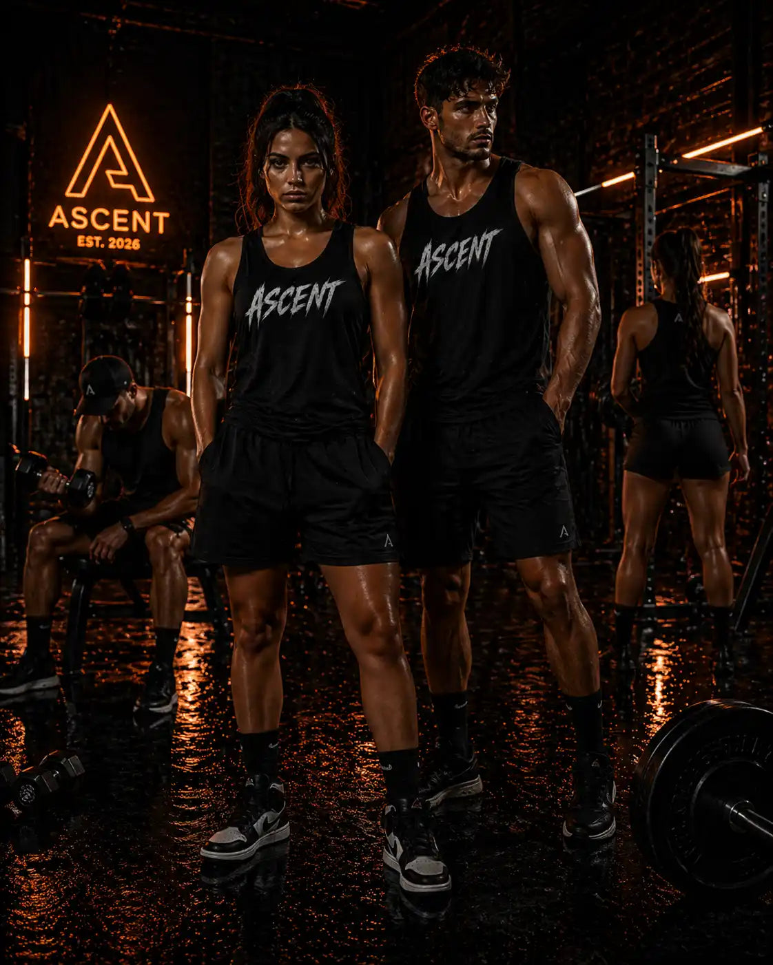 homme et femme dans un gym avec le Short noir ASCENT Training ton‑sur‑ton avec cordon ajustable et poche arrière discrète, style minimaliste et sportif.ascent est.2026