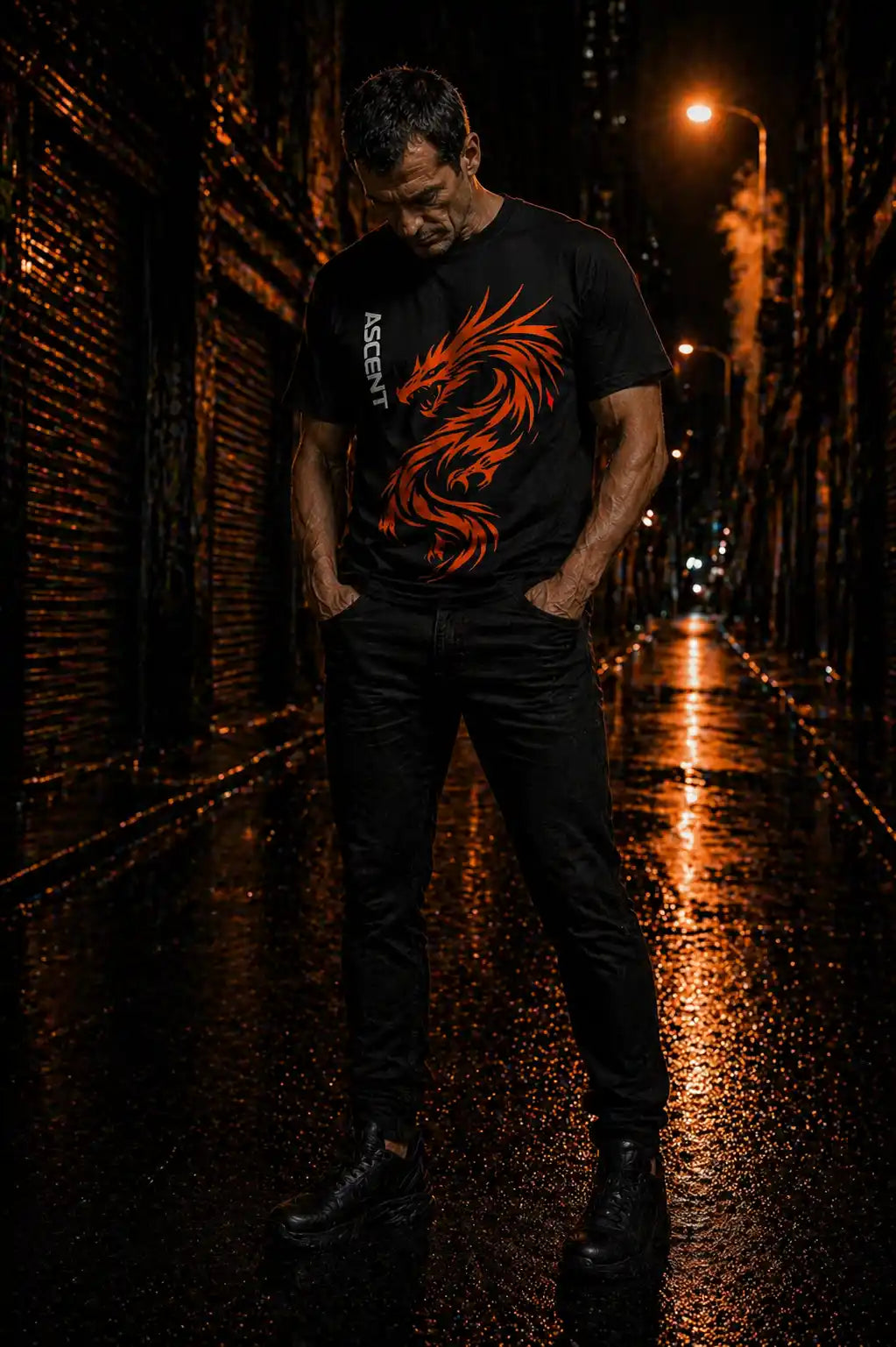 homme portant le t-shirt Jersey ASCENT — Dragon Fire · Édition Sport dans la ruelle sombre