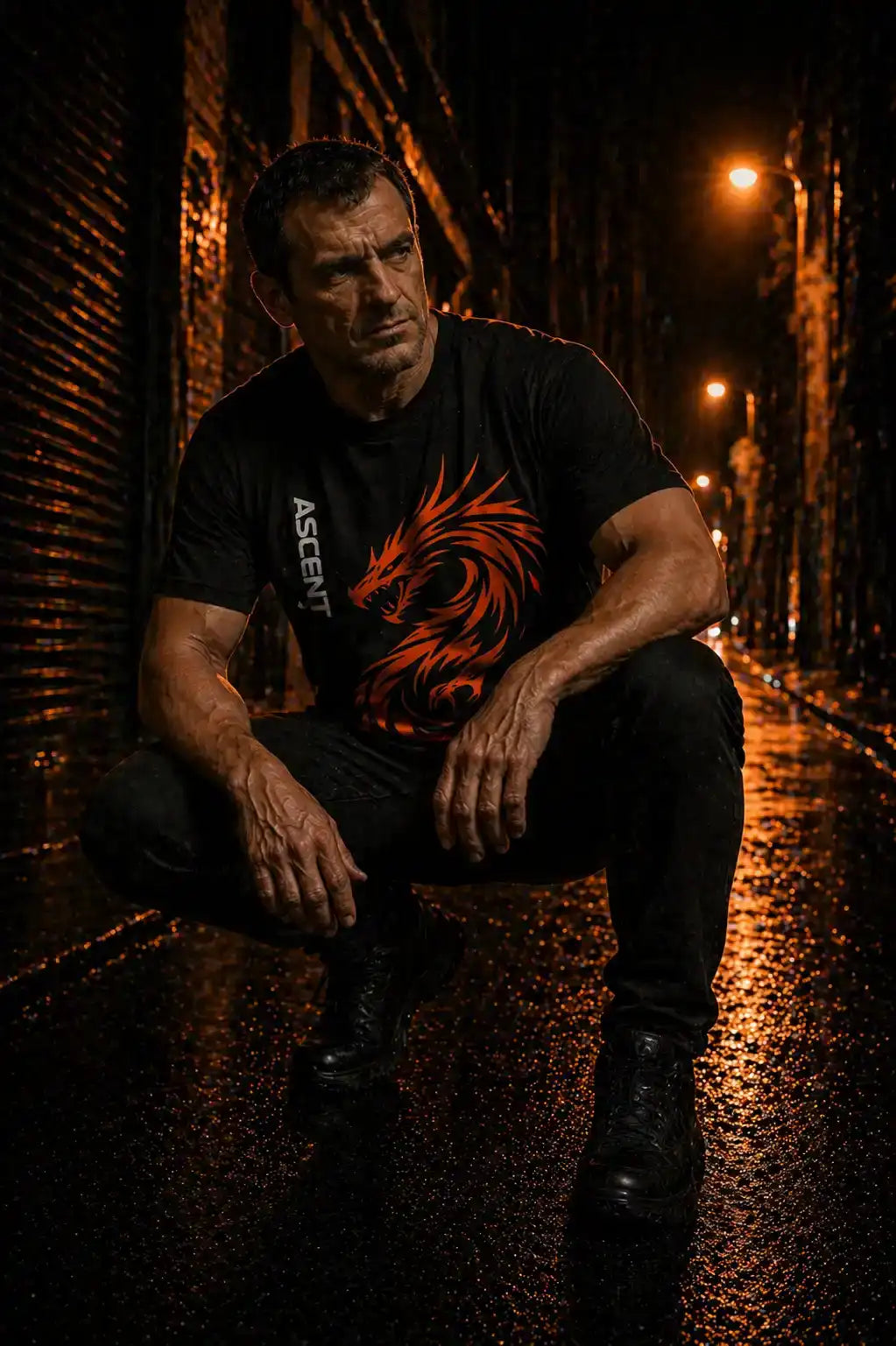 homme portant le t-shirt Jersey ASCENT — Dragon Fire · Édition Sport dans la ruelle sombre accroupie