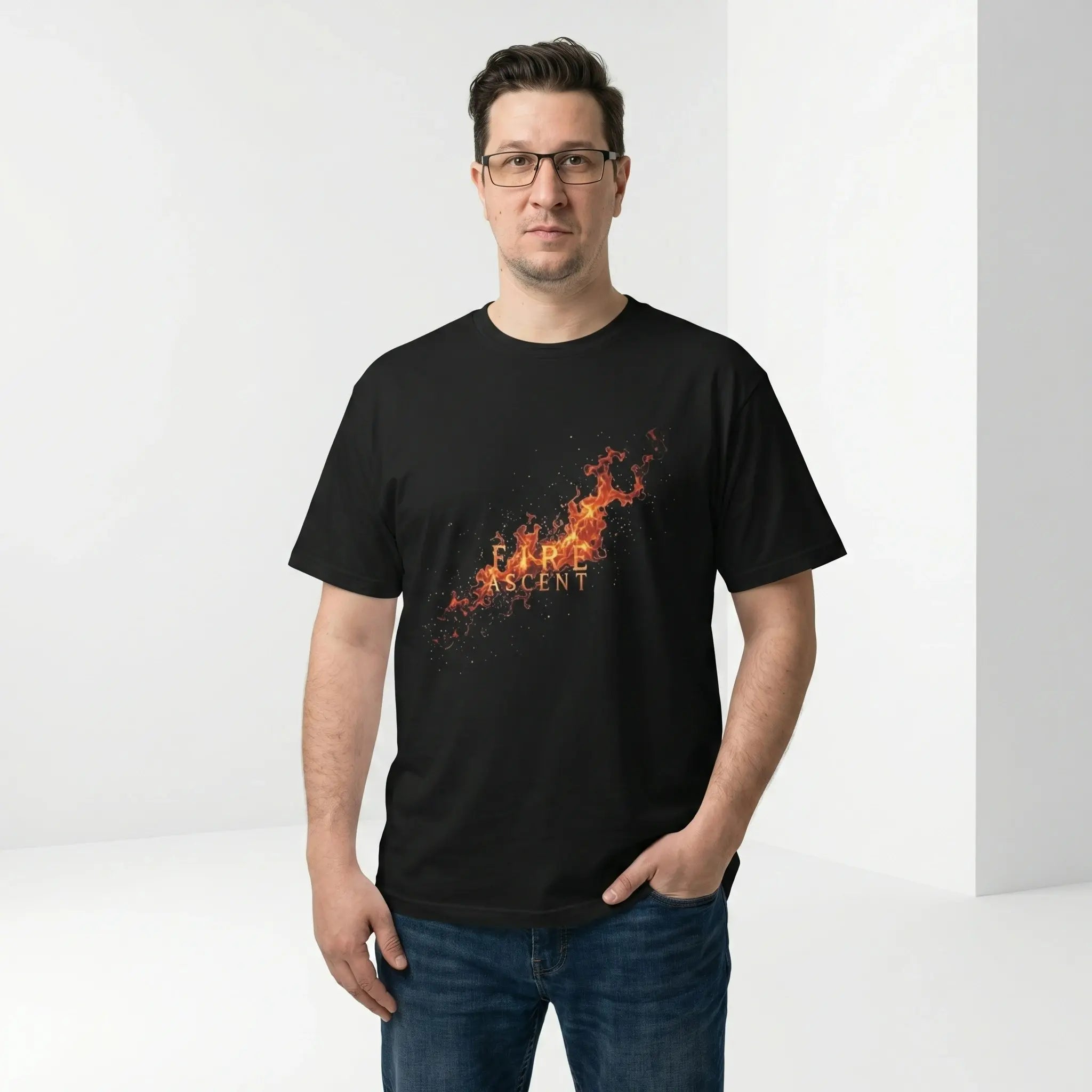 Black streetwear t-shirt Fire ascent with flame graphic design, fire aesthetic tee by ASCENT EST. 2026 xxl